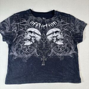 Affliction Skull Cross Crop Top/Baby Tee SS Shirt Black Women Size L Y2K Grunge